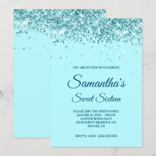 Convites Aqua Blue e Teal Glitter Doce Dezesseis