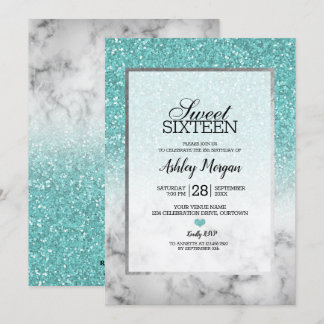 Convites Aqua Blue Faux Glitter e Marble Sweet 16 Party