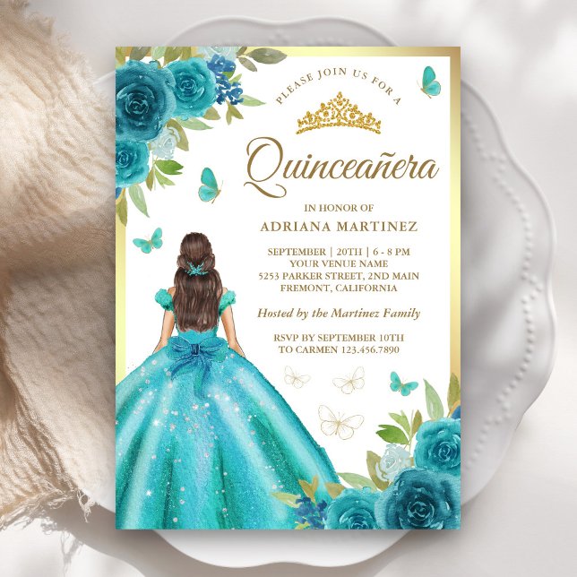 Convites Aqua Blue Floral Borboleta Dourada Quinceanera (Criador carregado)