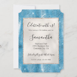 Convites Aqua Blue Glam Glitter Folhas Tropicais