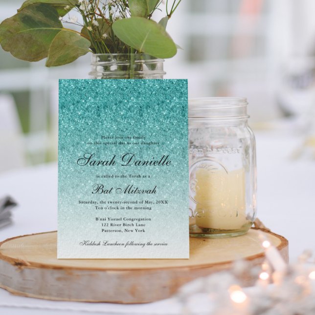 Convites Aqua Blue Glitter Glam Bat Mitzvah (Criador carregado)