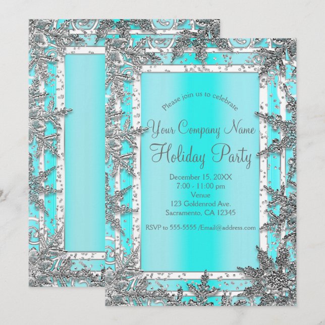 Convites Aqua Blue & Silver Winter Snowflakes Partido Elega (Frente/Verso)