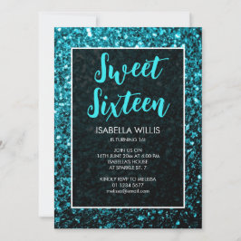 Convites Aqua blue sparkles Sweet 16 elegant script