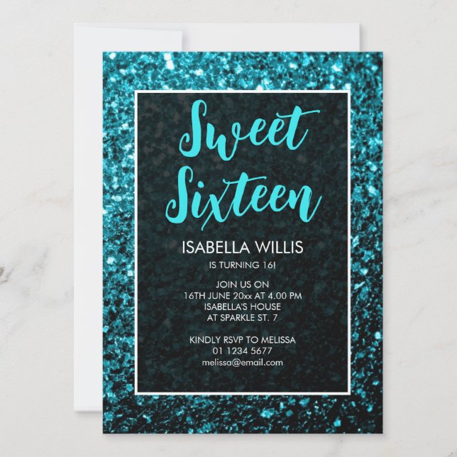 Convites Aqua blue sparkles Sweet 16 elegant script (Frente)