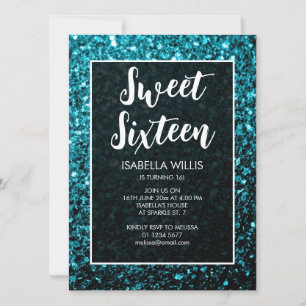 Convites Aqua blue sparkles Sweet 16 elegant script