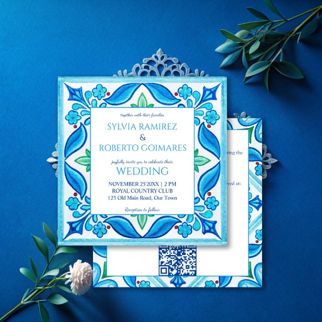 Convites Aqua Blue Talavera azulejos todos em um casamento (Aqua Blue Talavera tiles all in one wedding Invitations with RSVP vintage Mexican wedding cards)