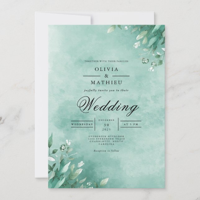 Convites Aqua Botanical Leaf Elegance Wedding (Frente)