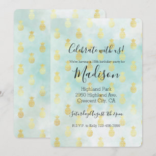 Convites Aqua Branco Dourado Glam Tropical Abacaxis