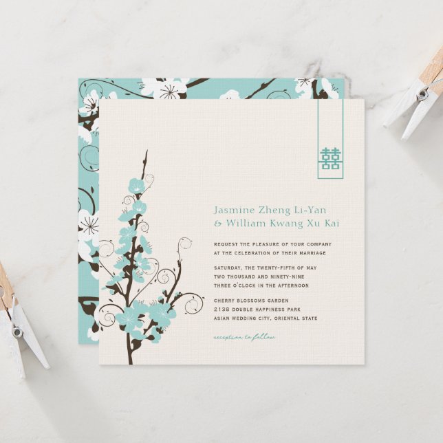 Convites Aqua Cherry Blossoms Sakura Nadou Casamento Asiáti (Frente/Verso In Situ)