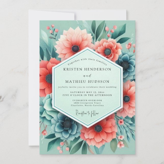 Convites Aqua Coral Artistic Bloom Wedding (Frente)
