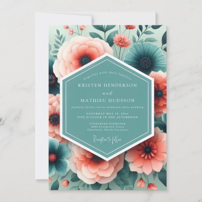 Convites Aqua Coral Painted Bloom Wedding (Frente)