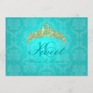 Convites Aqua Damask Sweet 16/ tiara/turquesa