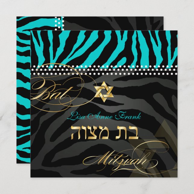 Convites Aqua de cor PixDezines Zebra Bat Mitzvah/DIY (Frente/Verso)