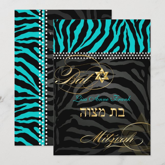 Convites Aqua de cor PixDezines Zebra Bat Mitzvah/DIY (Frente/Verso)