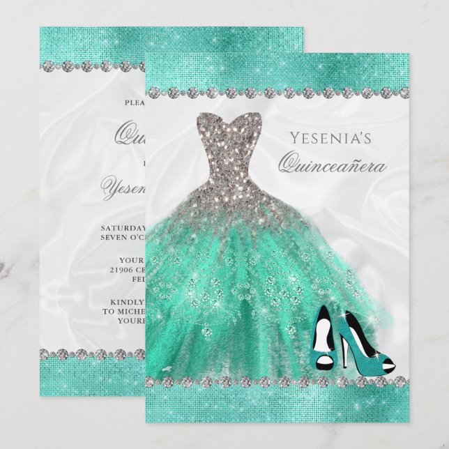 Convites Aqua Diamond Sparkle Glitter Quinceañera (Frente/Verso)