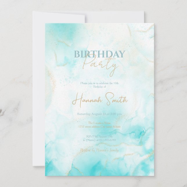 Convites Aqua Dourada Aqua Moderna Arte a Álcool Oceânica O (Frente)