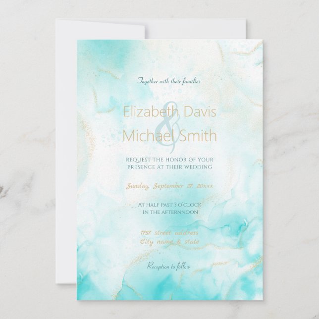 Convites Aqua Dourada Aqua Moderna Arte a Álcool Oceânica O (Frente)