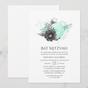 Convites Aqua e Carvão Floral Rústico Bat Mitzvah