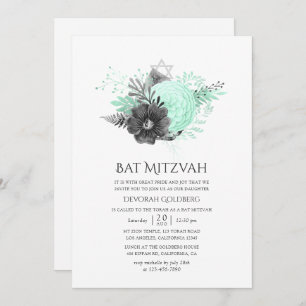 Convites Aqua e Carvão Russo Floral Bat Mitzvah