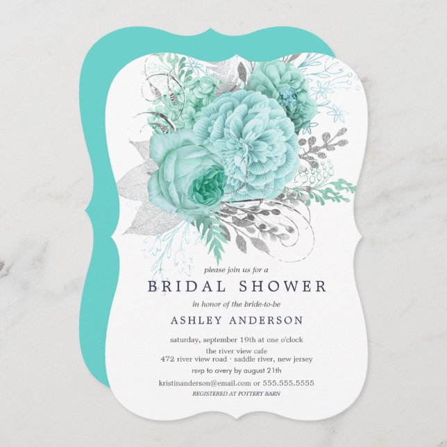 Convites Aqua e Chá de panela Floral de Prata (Frente/Verso)