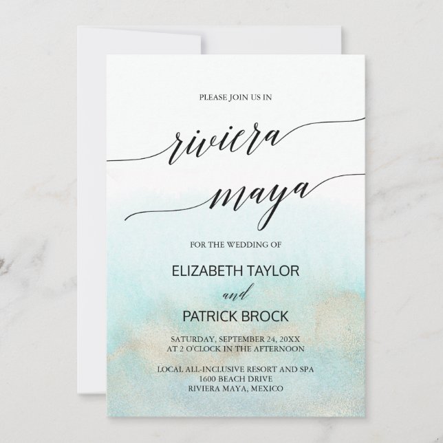 Convites Aqua e Dourada Praia Riviera Maya Wedding (Frente)