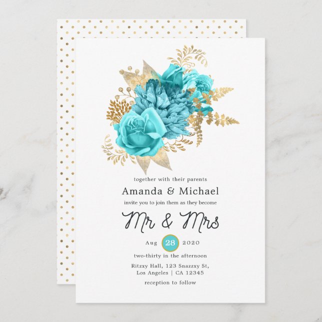 Convites Aqua e Dourado Casamento Floral (Frente/Verso)