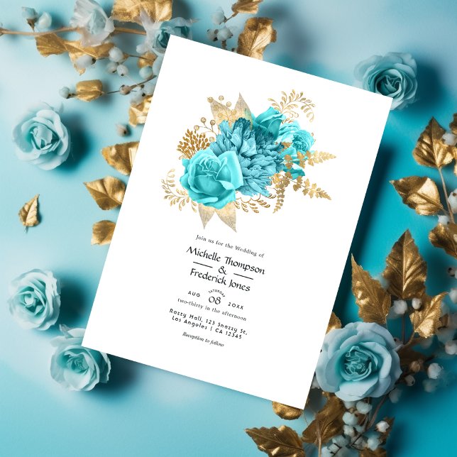 Convites Aqua e Dourado Casamento Floral (Criador carregado)