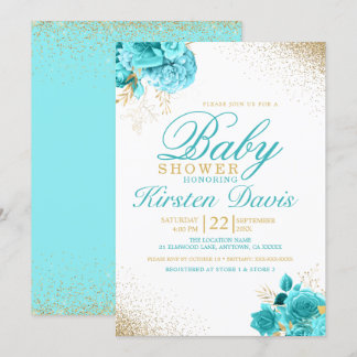 Convites Aqua e o Dourado Chá de fraldas Floral de Brilho