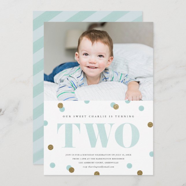 Convites Aqua e ouro confetti segunda foto de festa de aniv (Frente/Verso)