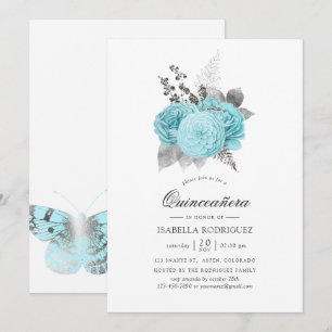 Convites Aqua e Prata Vintage Rosas Shabby Quinceañera
