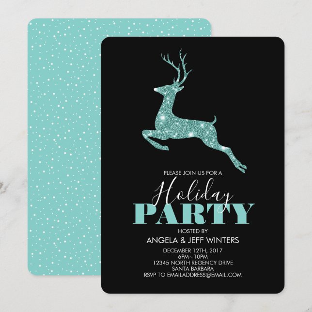 Convites Aqua Faux Glitter Deer Holiday Party (Frente/Verso)