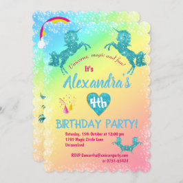 Convites Aqua Glitter Unicorns Birthday