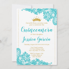 Convites Aqua Lace e Glitter Dourada Princesa Quinceañera
