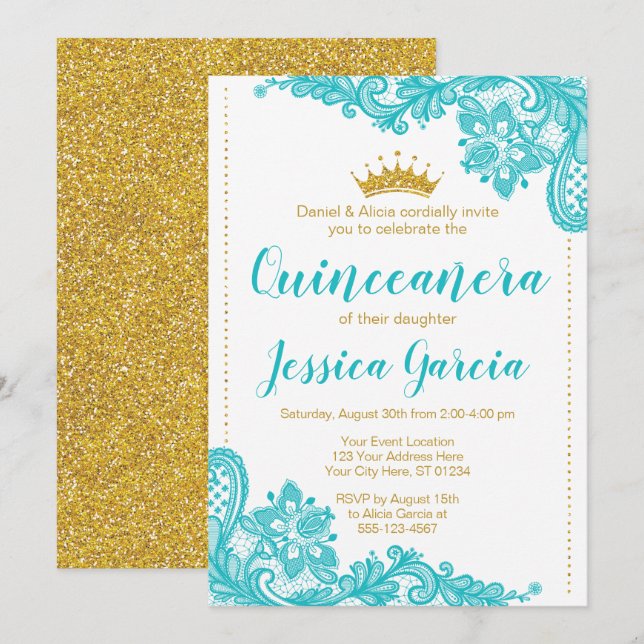 Convites Aqua Lace e Glitter Dourada Princesa Quinceañera (Frente/Verso)