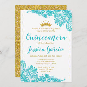 Convites Aqua Lace e Glitter Dourada Princesa Quinceañera