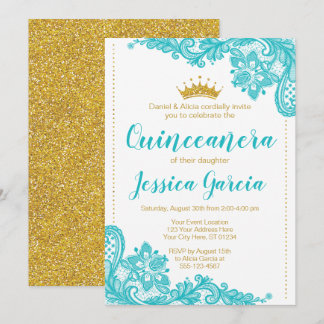 Convites Aqua Lace e Glitter Dourada Princesa Quinceañera