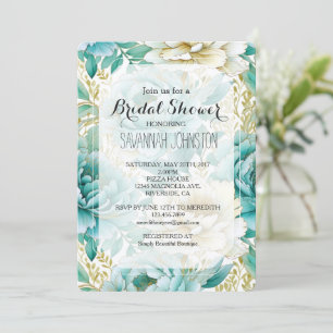 Convites Aqua Mint White Cream Dourado Chá de panela Floral