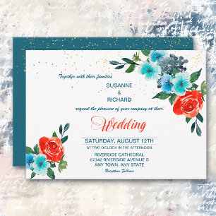 Convites Aqua moderno e casamento floral coral
