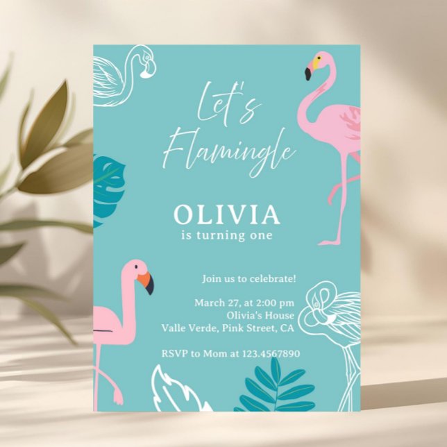 Convites Aqua & Pink Flamingo Tropical Birthday (aqua pink birthday invitation, flamingo birthday invitation, first birthday invite, lets flamingle, )