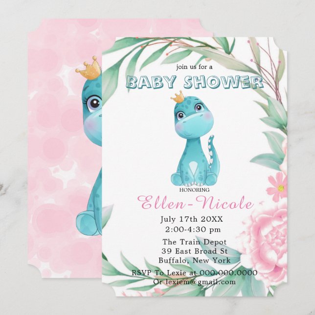 Convites Aqua Princess Dinossauros Peony Chá de fraldas Inv (Frente/Verso)