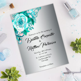 Convites Aqua Rose Bouquet sobre Casamento Prateado