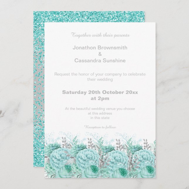CONVITES AQUA SILVER GLITTER FLORAL WEDDING (Frente/Verso)