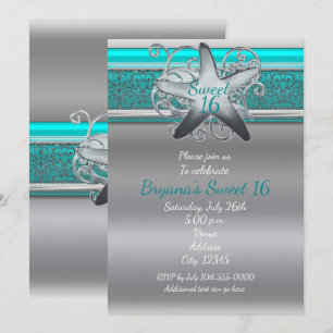 Convites Aqua & Silver Starfish Beach Sweet 16