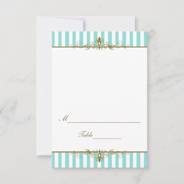 Convites Aqua, Stripes Brancas com Placecard de Rolos Doura (Frente)