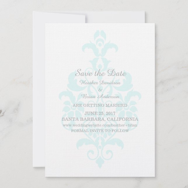 Convites Aqua Sutil Damask Save Date Invite (Frente)
