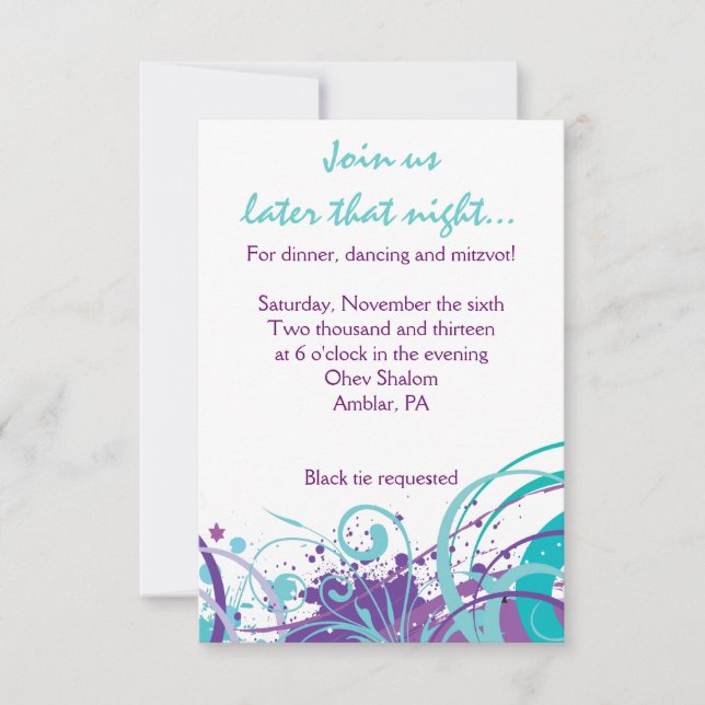 Convites AQUA SWIRLS & STARS Bat Mitzvah Party Card (Frente)
