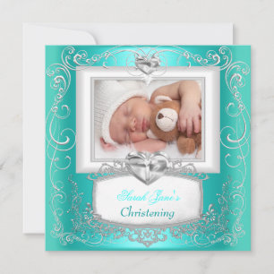 Convites Aqua Teal Baby Boy Christening Baptism Cross
