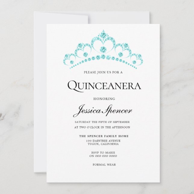 Convites Aqua Teal Diamond Tiara Quinceanera Invite (Frente)