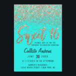 Convites Aqua Teal Dourada Espalhada Glitter Ombre Sweet 16<br><div class="desc">Este design de convite exclusivo e bonito do Sweet 16 apresenta um falso gráfico personalizado de pincel de ouro brilhante e brilhante tipografia de pincel e brilho espalhado em um efeito de gradiente ombre sobre um fundo de água. Na parte traseira, há uma grande imagem, o número 16. Este elegante,...</div>