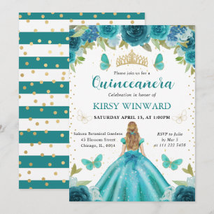 Convites Aqua & Teal Dress Loira Princesa Quinceanera